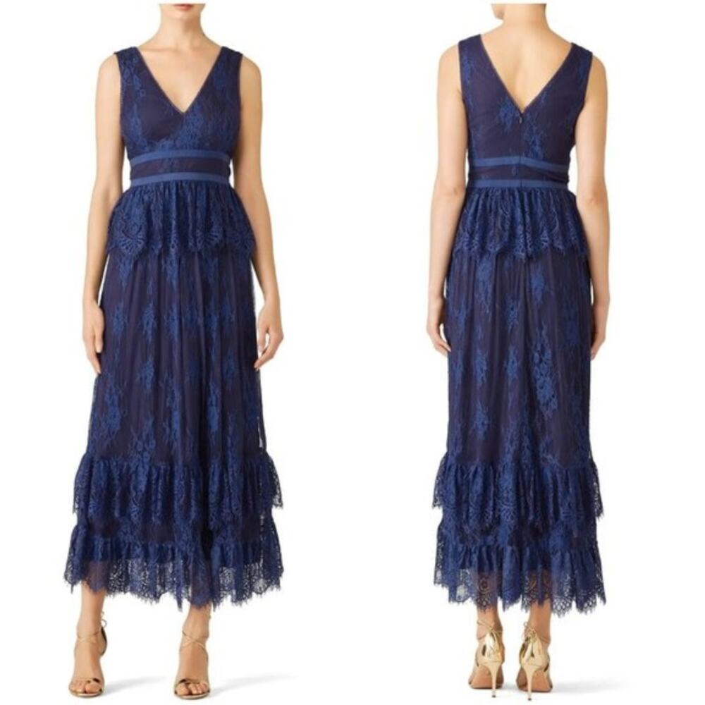 Parker Navy Blue Veronica Lace Tiered Sleeveless Maxi Gown sz 4 $495